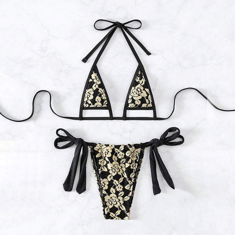 Zweiteiliger brasilianischer Bikini-Badeanzug mit floraler Spitze, Riemchen und Ausschnitt, Mikro-Triangel