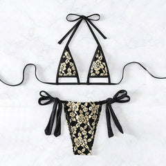 Floral Lace Strappy Cutout Micro Triangle Brazilian Two Piece Bikini Swimsuit