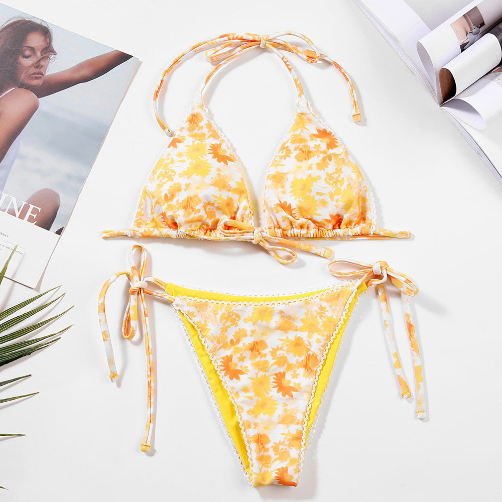 Brasilianischer zweiteiliger Bikini-Badeanzug mit Blumenmuster und Schnürung