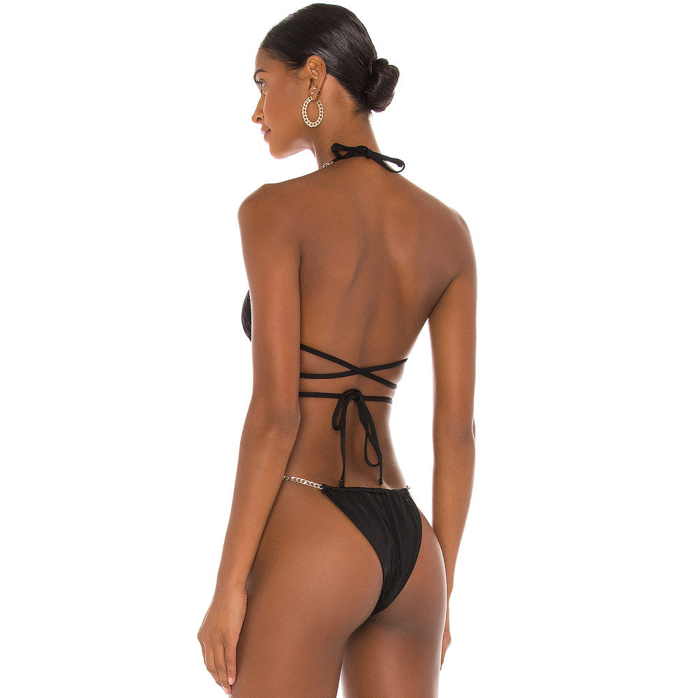 Traje de baño bikini brasileño de dos piezas con flecos, cadena y tiras.