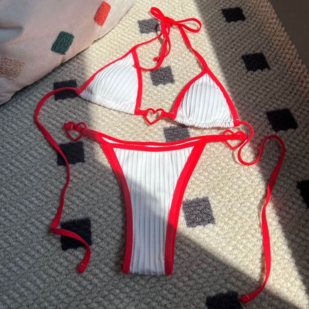 Heart Ring Contrast Binding Triangle Halter Cheeky Brazilian Two Piece Bikini Swimsuit