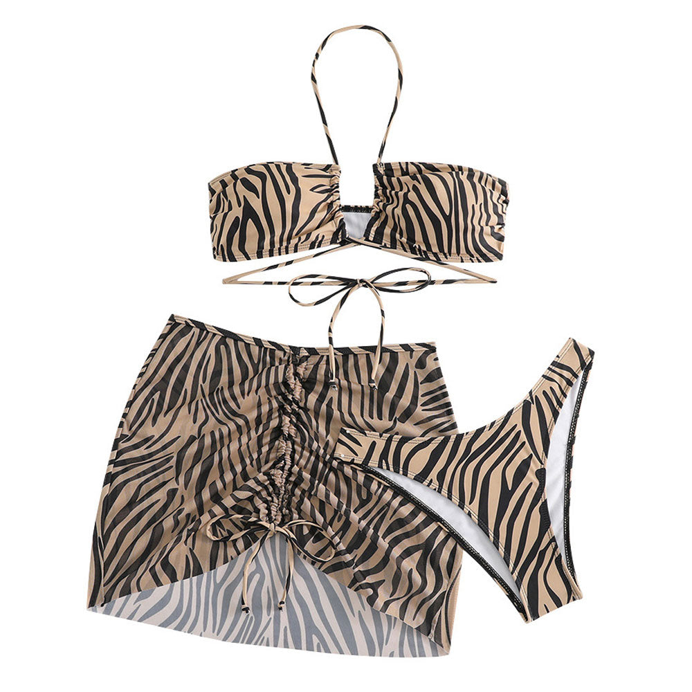 High Leg Zebra Print Wrap Around Brazilian Three Piece Bikini Swimsuit