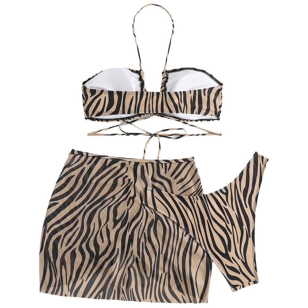 High Leg Zebra Print Wrap Around Brazilian Three Piece Bikini Swimsuit