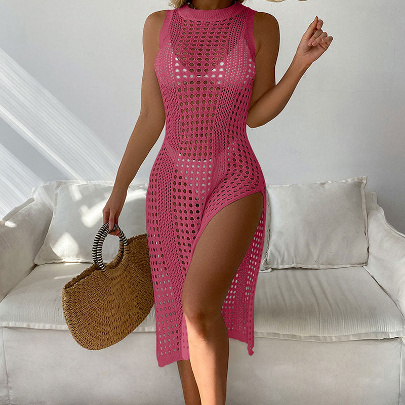 Vestido playero brasileño de punto a crochet, sin mangas y con abertura alta