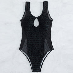 Keyhole Cut Out Textured Splicing Mesh Brazilian One Piece Swimsuit