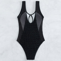 Keyhole Cut Out Textured Splicing Mesh Brazilian One Piece Swimsuit