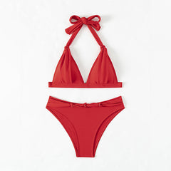 Knotted Cheeky Ruched Halter Triangle Brazilian Two Piece Bikini Swimsuit