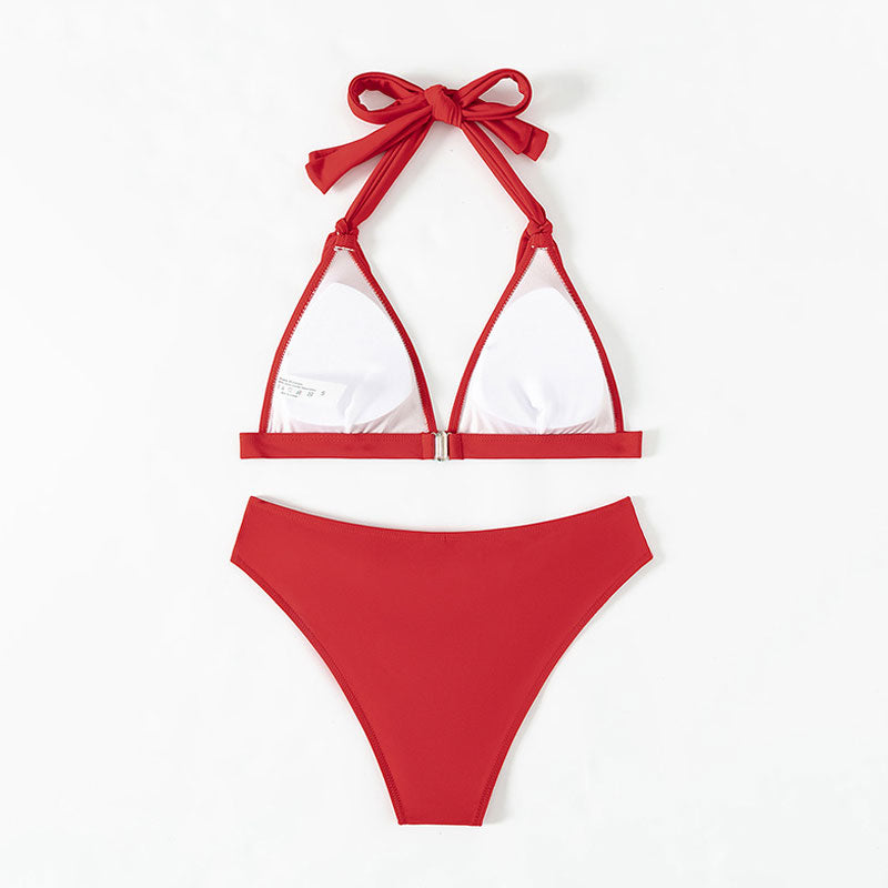 Knotted Cheeky Ruched Halter Triangle Brazilian Two Piece Bikini Swimsuit