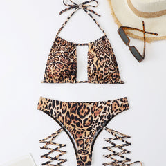 Leopard Tie String Cutout Halter Brazilian Two Piece Bikini Swimsuit