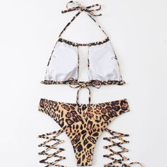 Leopard Tie String Cutout Halter Brazilian Two Piece Bikini Swimsuit