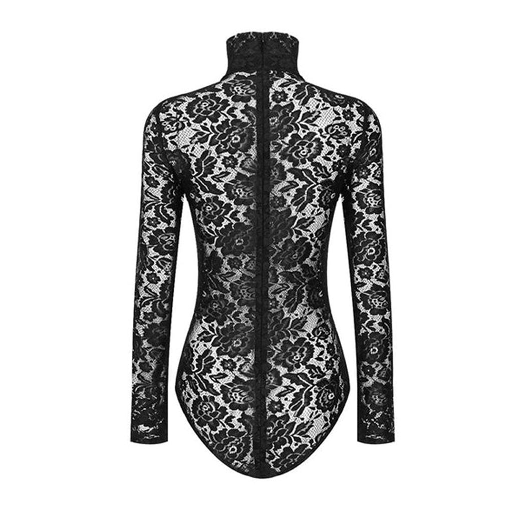 Body de corsé de encaje floral de manga larga y cuello alto con panel de malla sexy