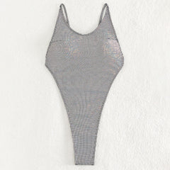 Metallic Gingham Low Back High Cut Thong Brazilian One Piece Swimsuit