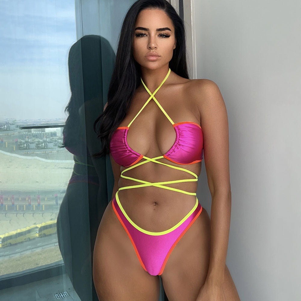 Neon High Cut Cheeky Wrap Halter Brazilian Two Piece Bikini Swimsuit