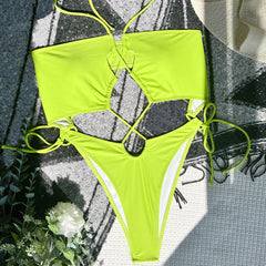 Neon Tie Side High Cut Cheeky Cutout Halter Brazilian One Piece Swimsuit