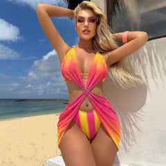 Ombré Striped Rhinestone Halter Triangle High Leg Brazilian Three Piece Bikini Swimsuit