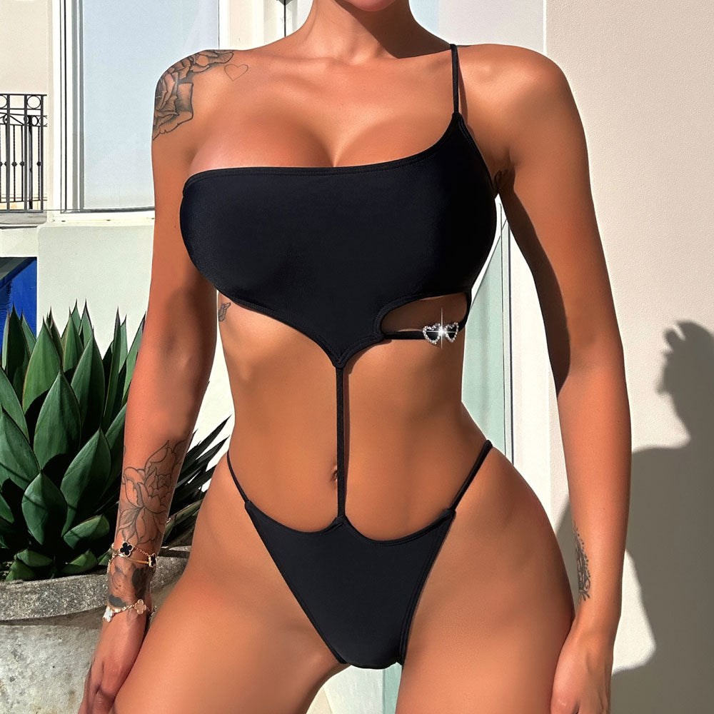 One Shoulder Cutout String Cheeky Monokini Brazilian One Piece Swimsuit