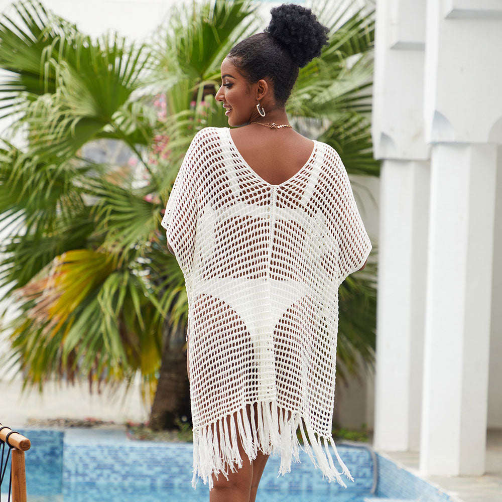 Oversized Fringe Open Knit Crochet Split Brazilian Mini Cover Up