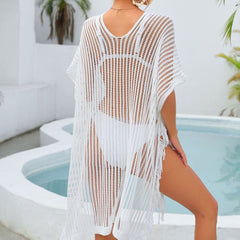 Minivestido playero brasileño de crochet transparente con flecos y abertura en el muslo de gran tamaño