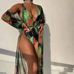 Palm Wrap Around Open Back Deep V Brazilian One Piece Swimsuit