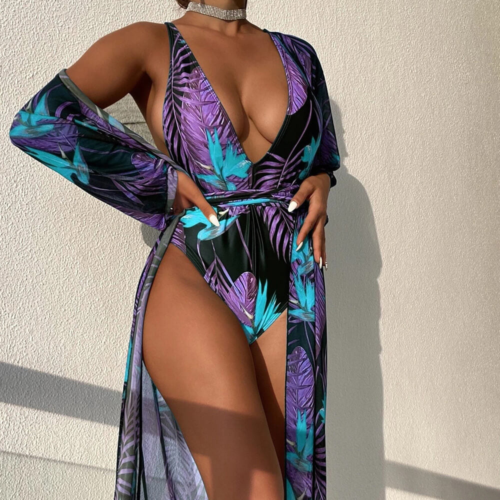 Palm Wrap Around Open Back Deep V Brazilian One Piece Swimsuit