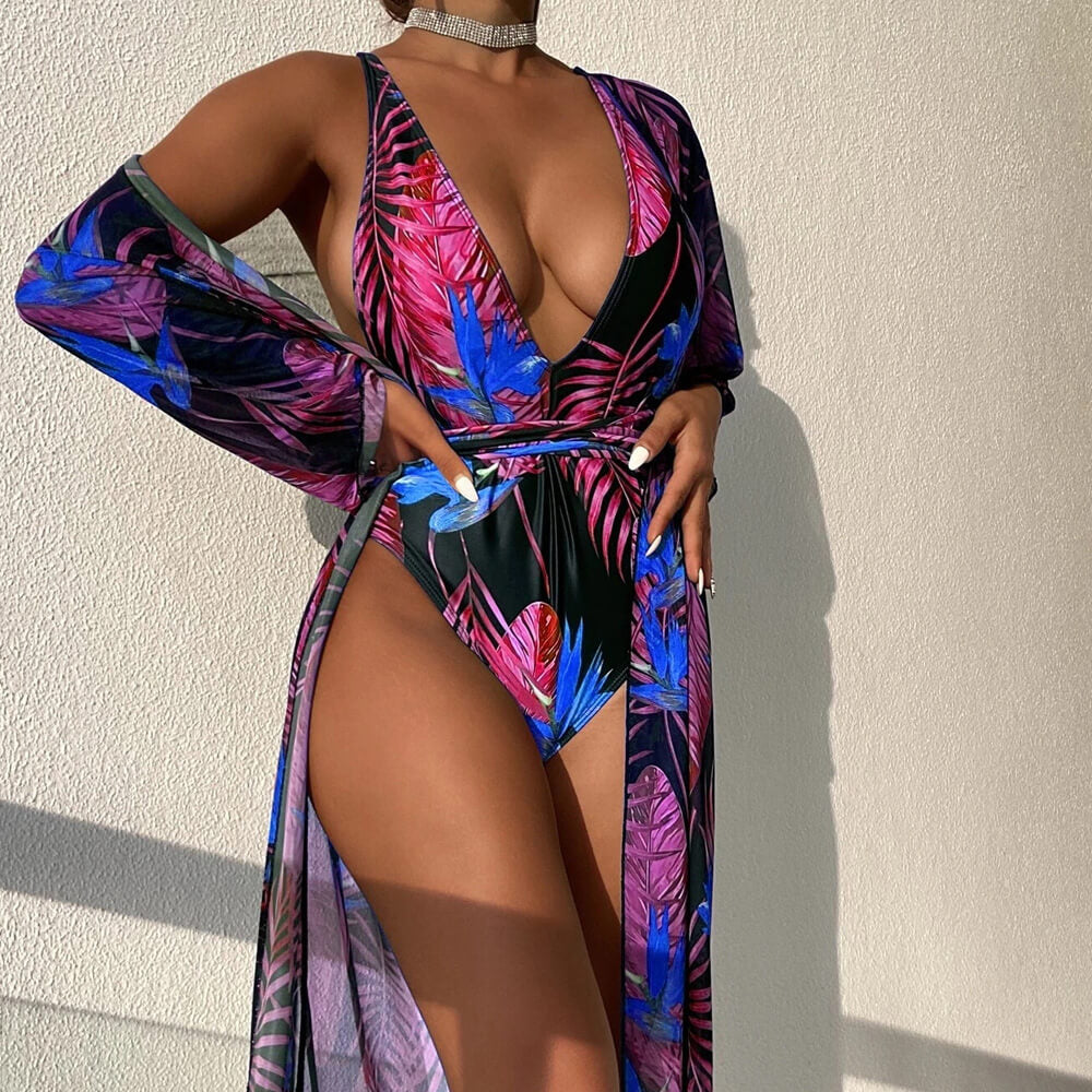 Palm Wrap Around Open Back Deep V Brazilian One Piece Swimsuit