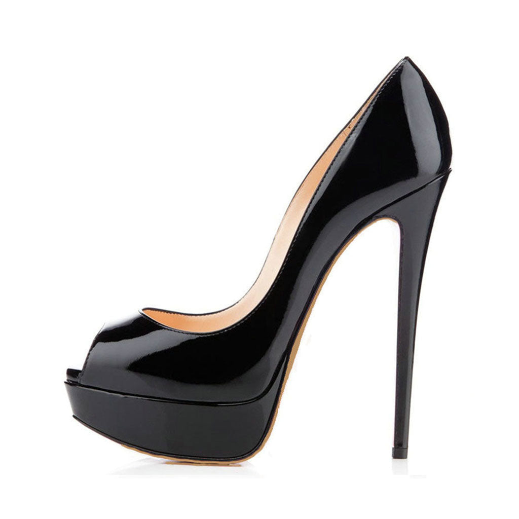 Sexy Peep Toe Lackleder Plateau Stiletto Pumps - Schwarz