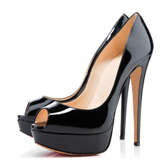 Sexy Peep Toe Lackleder Plateau Stiletto Pumps - Schwarz