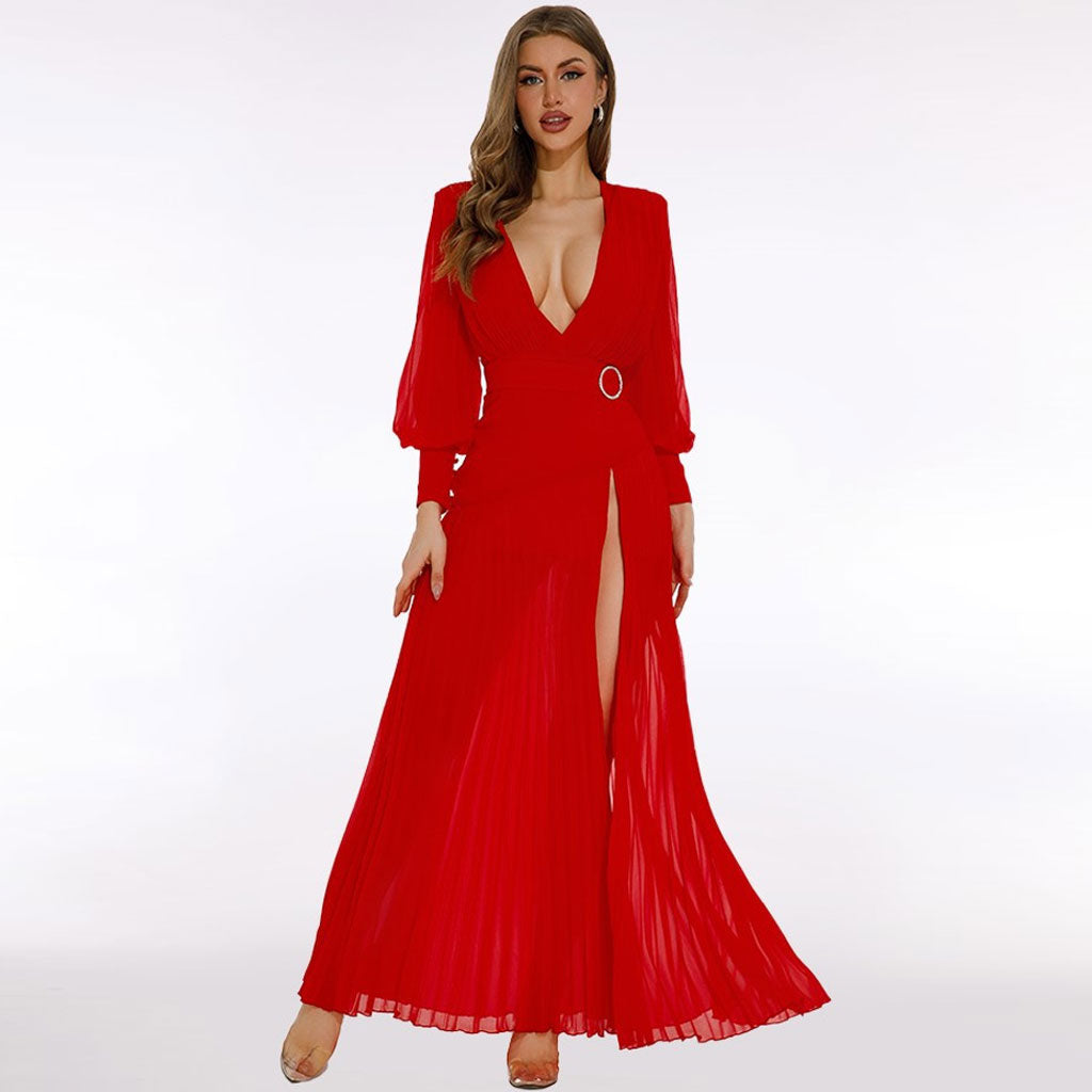 Sexy Maxi-Abendkleid aus Chiffon mit tiefem Ausschnitt, Bischofsärmeln, Gürtel und hohem Schlitz