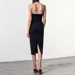 Sexy Plunging Halter Neck Back Slit Sleeveless Bodycon Midi Dress - Black