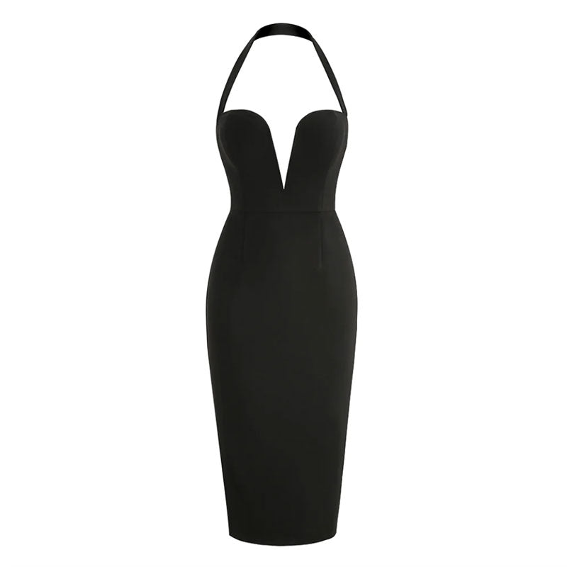 Sexy Plunging Halter Neck Back Slit Sleeveless Bodycon Midi Dress - Black