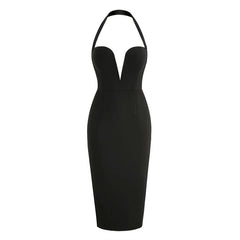 Vestido midi ajustado sin mangas con escote halter pronunciado y abertura en la espalda - Negro