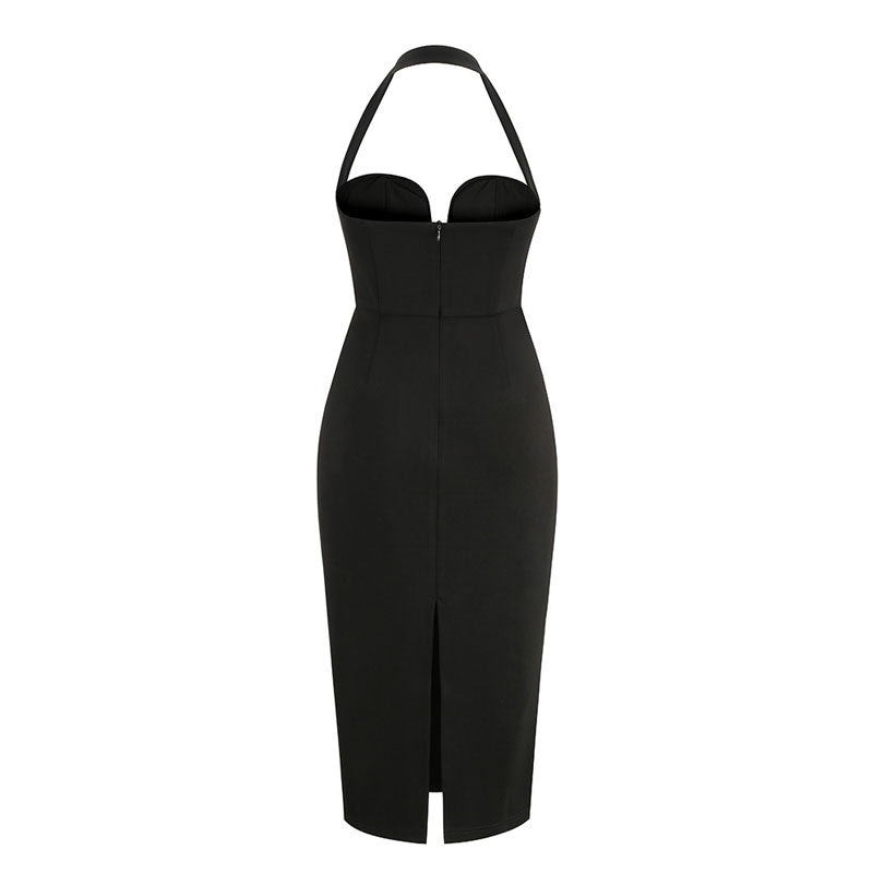 Vestido midi ajustado sin mangas con escote halter pronunciado y abertura en la espalda - Negro