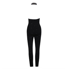 Sexy Neckholder-Jumpsuit mit Strass-Schnürung, tiefem V-Ausschnitt und offenem Rücken