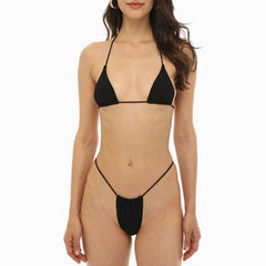 Braguita de bikini brasileña de microtanga con ribete fruncido de color liso acanalado