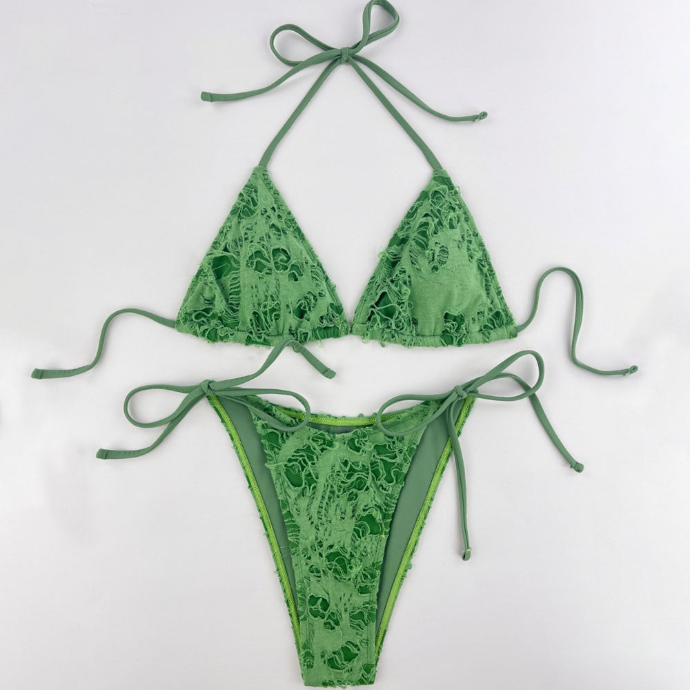 Ripped Tie String Cheeky Slide Triangle Brazilian Two Piece Bikini Swimsuit