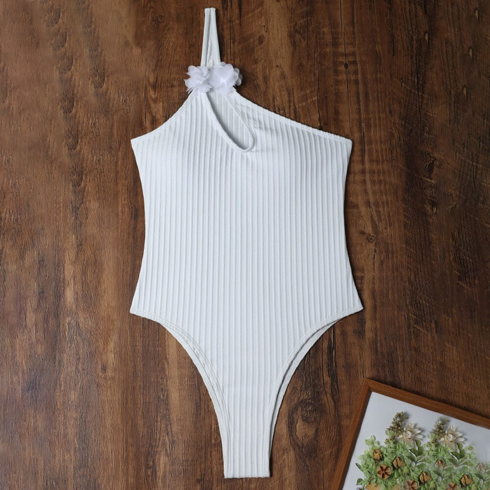 Rosette Cutout One Shoulder Cheeky Rib Knit Brazilian One Piece Swimsuit