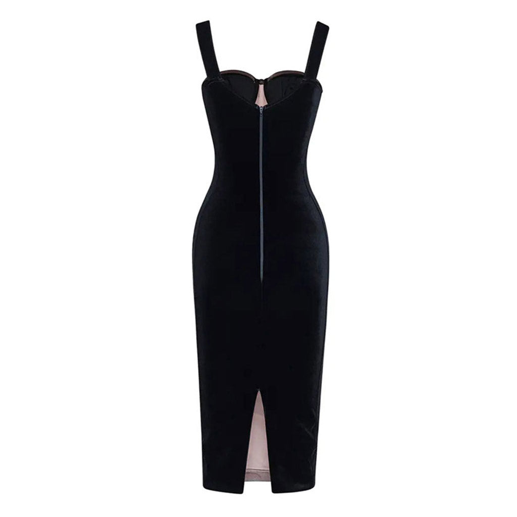 Sexy Ruched Mesh Panel Sweetheart Suspender Strap Corset Midi Velvet Dress