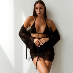 Ruffle Cover Up High Leg Wrap Triangle Brazilian Four Piece Bikini Swimsuit