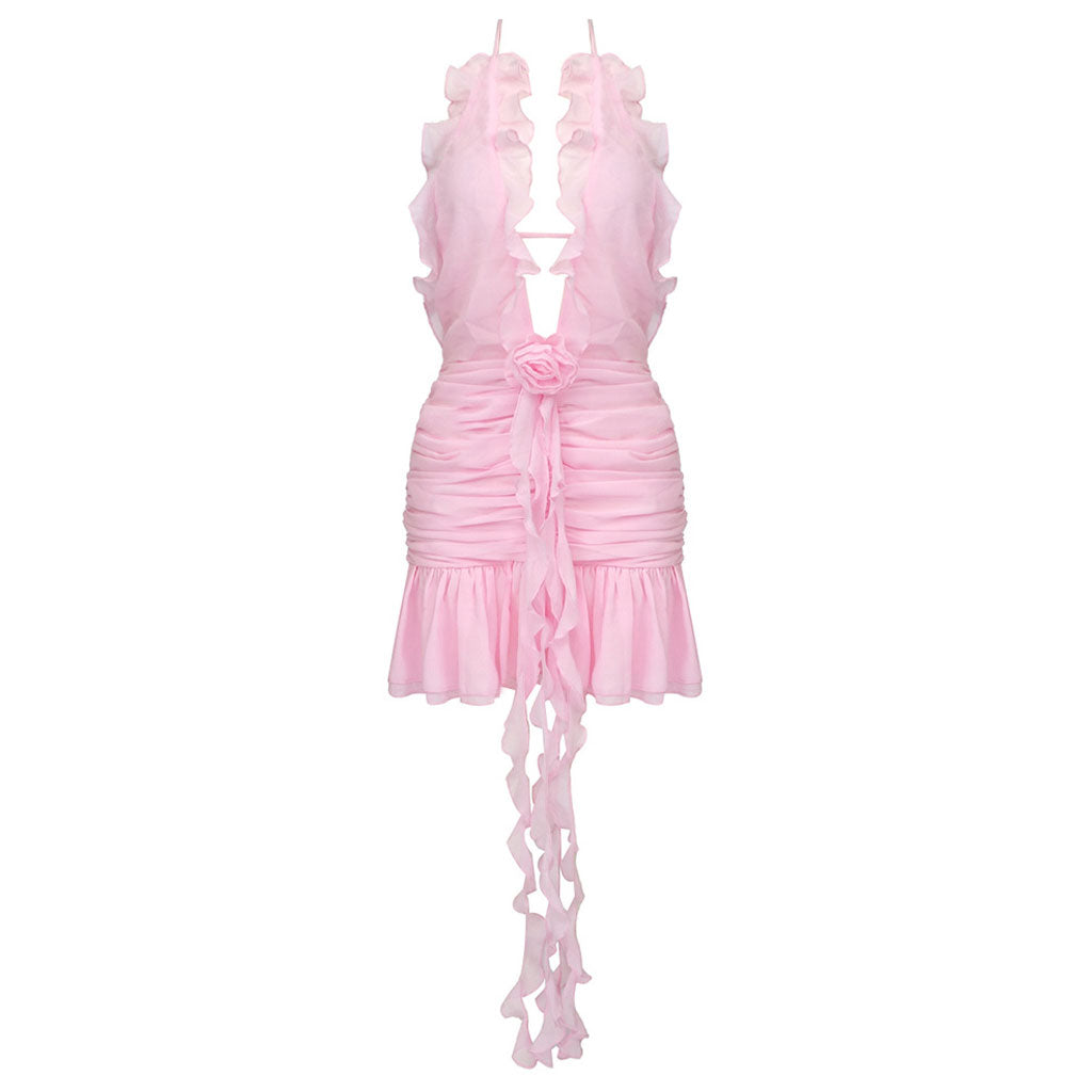 Sexy Ruffle Plunge Halter Neck Draped Rosette Applique Ruched Backless Mini Party Dress