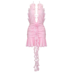 Sexy Ruffle Plunge Halter Neck Draped Rosette Applique Ruched Backless Mini Party Dress