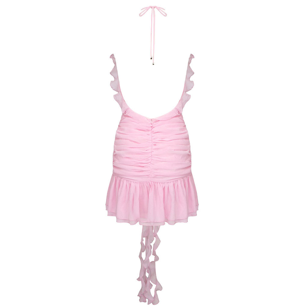 Sexy Ruffle Plunge Halter Neck Draped Rosette Applique Ruched Backless Mini Party Dress