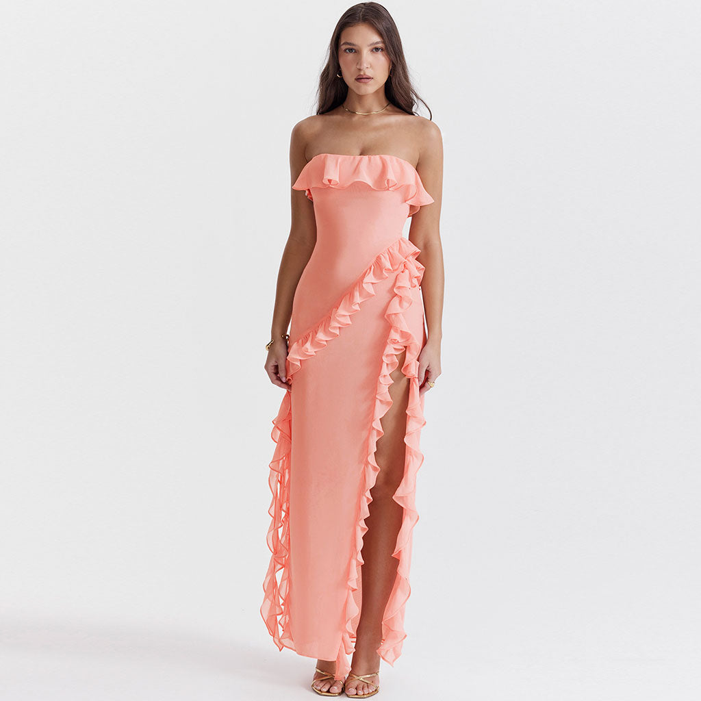 Sexy Ruffled Neck Draped Strap Side High Split Strapless Maxi Evening Dress