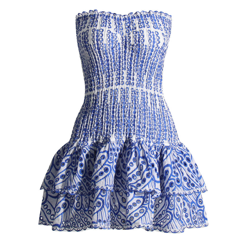 Sexy Scalloped Strapless Smocked Broderie Anglaise Tiered Ruffled Mini Dress