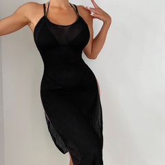 Scoop Neck Sleeveless Fitted Thigh Split Brazilian Midi Netted Cover Up