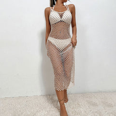 Semi Sheer Fishnet Crochet Knit Brazilian Beach Cover Up Midi Dress