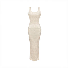 Sexy Sequin Embellished Sleeveless Backless Mesh Maxi Dress - Beige