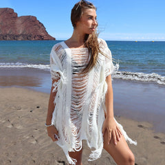 Vestido playero brasileño de crochet con abertura y abertura en la parte delantera, de estilo desgastado y con diseño de escalera transparente