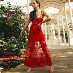 Vestido largo sexy de malla transparente con bordado floral - Rojo