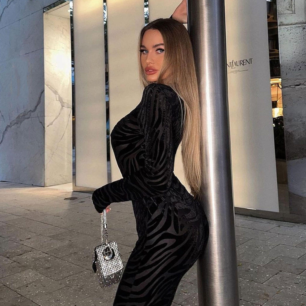 Sexy Sheer Zebra Velvet Long Sleeve Bodysuit High Waist Flare Pant Matching Set