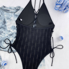 Shirred Tie Side Cutout Lace Up Deep V Halter Brazilian One Piece Swimsuit